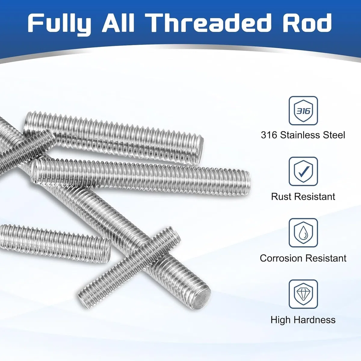 Pręty gwintowane o ruchu liniowym, pręty całkowicie gwintowane Stal nierdzewna 316 M3 16-300 mm(M3x60mm (10pcs))